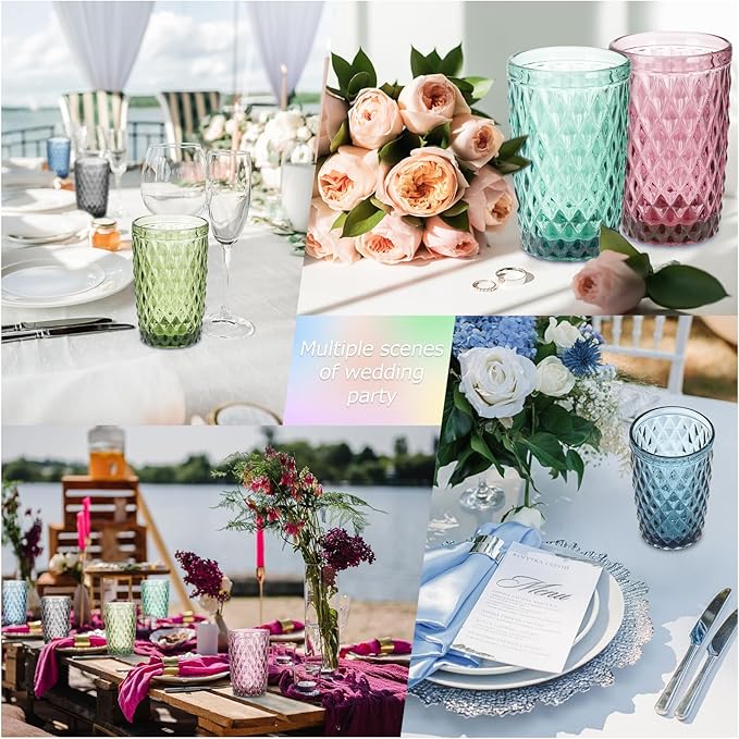Topsky Highball Drinking Glasses Set of 6,12 oz Colored Glassware with Geometric Diamond Pattern,Embossed Diamond Tumblers,Blue Vintage Glassware Set for Beer,Juice,Cocktail