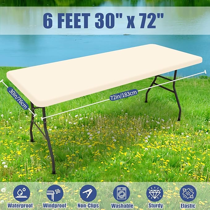 Spandex 6 Foot Rectangle Table Cloth 2 Pack, Elastic Fitted Tablecloths for Picnic, Stretch Washable Patio Table Cover for Outdoor, Camping, Banquet and Parties (Champagne, 30"x72")
