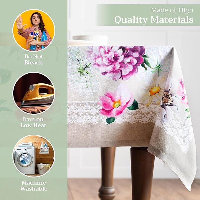 Maison d' Hermine Table Cloth Rectangle Table 100% Cotton 60 x 108 Inches Tablecloth Reusable Decorative for Dining Room Farmhouse Home Valentines Day Decorations Spring Summer - Pivoine