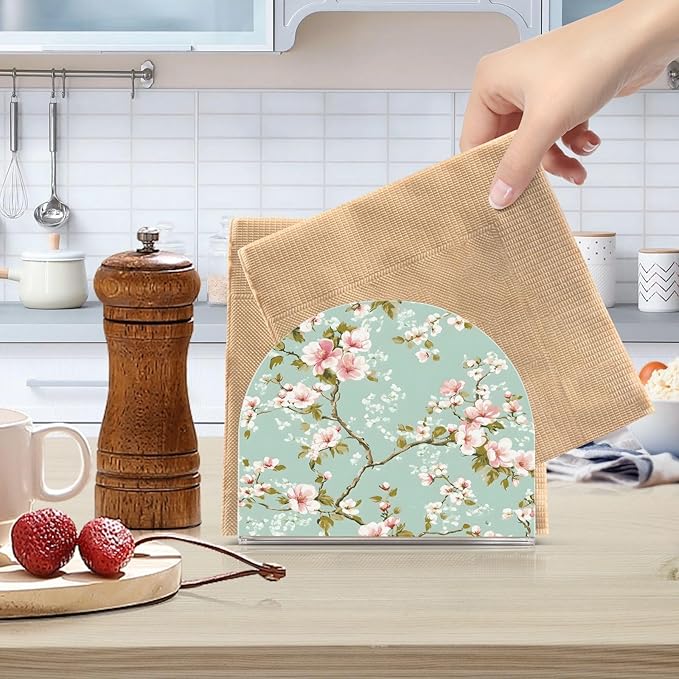 Spring Blossom Flowers Background Napkin Holder for Table Kitchen Decor Acrylic Hearts Paper Napkin Holders for Tissue Dining Room Indoor Outdoor Party Holiday Accessories