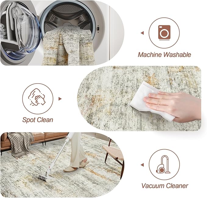 5x7 Area Rugs Gray Rust Low Pile Indoor Washable Trendy Faded Style Rugs for Bedroom Living Room Dining Room Foldable Non-Slip Thin Print Mat