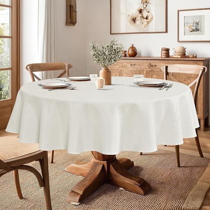JIUZHEN Faux Linen Round Tablecloths 102 inch, Decorative Wrinkle Free Texture Rustic Circle Table Cloth Cover for Kitchen, Dining, Party, Wedding, Outdoor Use (102 Inch Round,White)