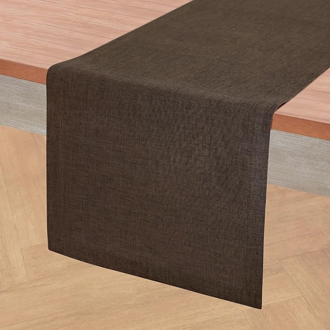 Solino Home Linen Table Runner 48 Inches - 100% Pure Linen Chambray Brown Table Runner 14 x 48 Inch Ideal for Dresser and Coffee Tables - Winter - Athena