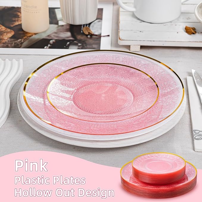 60PCS Pink Plastic Plates with Gold Rim, Lace Patterns Heavy Duty Disposable Plates Include 30 Dinner Plate 10 Inch and 30 Salad Plate 7 Inch for Party, Wedding, Transparent Pink