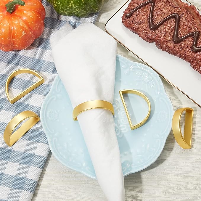 10 Pcs Stainless Steel Napkin Rings Metal Napkin Ring Holders Valentine's Day Modern Serviette Buckles Metallic Adornment for Spring Table Kitchen Dinner Party Wedding (Matte Gold Semicircle)