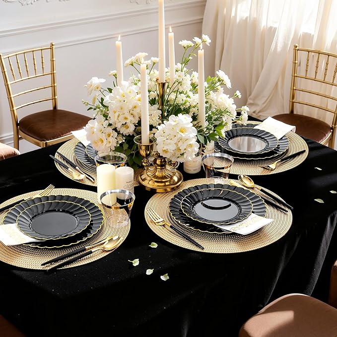 Ciaell 175 PCS Black Scalloped Plastic Plates with Gold Trim - Black Plastic Silverware with Handle - Fancy High-End Dinnerware Sets for Wedding & Party