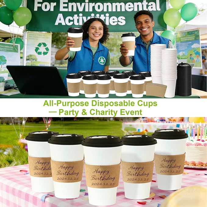 100 Pack 12 oz Disposable Coffee Cups with Lids and Sleeves, Leak-Proof To Go Coffee Cups, PLA Black Paper Coffee Cups for Hot Beverage