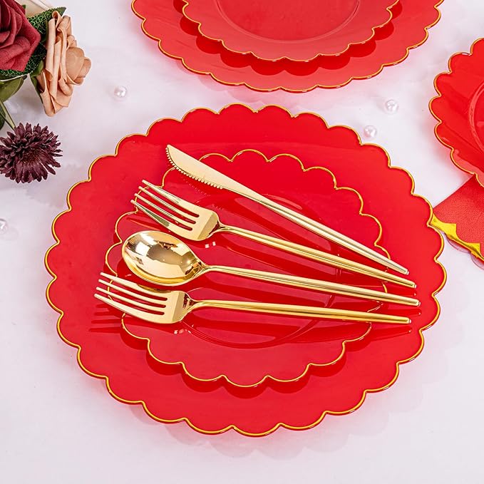 LIYH 210 Pcs Red Plastic Plates - Red Disposable Plates and Napkins Set, Gold Scalloped Plastic Plate Include Dinner & Dessert Plate, Silverware, Cups for Valentine's Day 30 Guests
