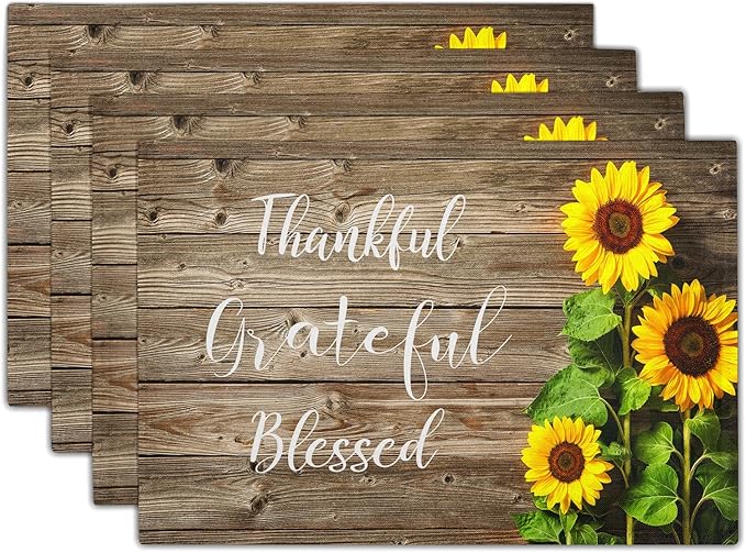 Spring Summer Sunflower Placemats Set of 4 for Dining Table Religious Thankful Grateful Blessed Place Mats Easter Table Mats Washable Cloth Placemats Kitchen Decor 12x18 inch