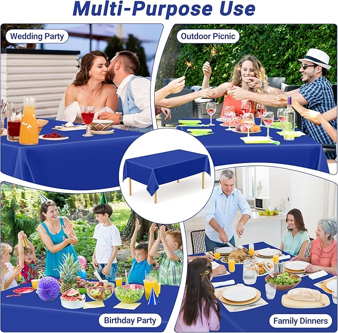 12 PCS Waterproof Plastic Table Cloth, Blue Rectangle Disposable Table Cover, Table Cloth Rectangle Table, 54 X 108 IN Wrinkle-Resistant Smooth Tablecloth for Parties Weddings Picnics Decorations
