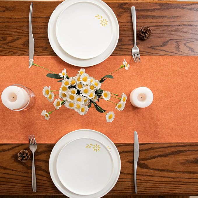 Table Runner 13 x 90 Inches Long, Cotton Linen Farmhouse Style Grey Table Linen for Kitchen Dining Coffee Table Parties Wedding Home Decor (Fall-Orange, 13” x 90”)