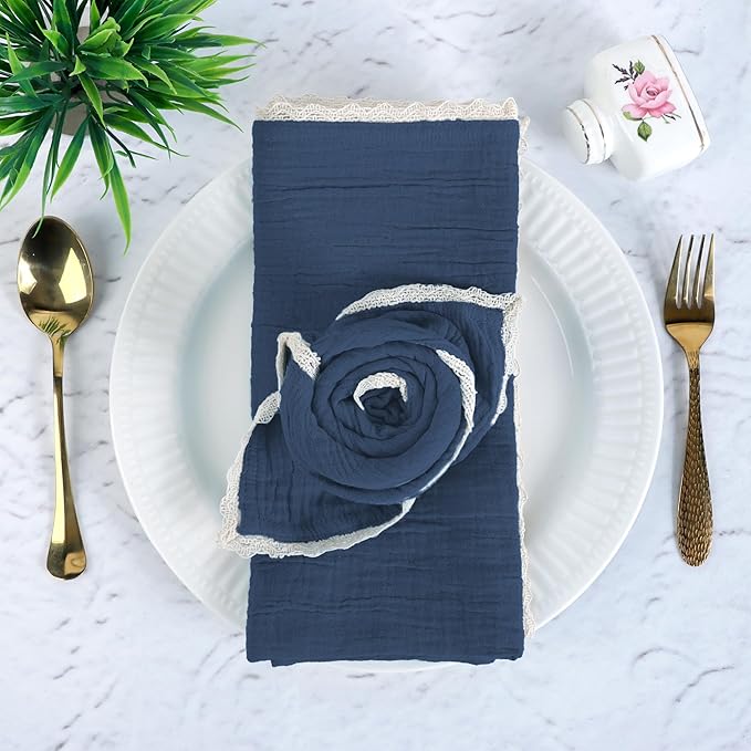 FINGERCRAFT Dinner Cloth Napkin Cotton Muslin Double Gauze 4 Pack with Classic Lace for Everyday Use, Wedding, Party, Christmas, Easter Napkins Cloth are Pre Shrunk and Good Absorbency Stellar