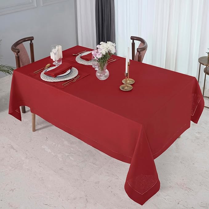 D'Moksha Homes Red Linen Tablecloth 60 x 108 Inch - 100% Pure Linen Red Table Cloth for Rectangle Tables - Classic Hemstitch, Machine Washable Tablecloth for Valentines, Spring