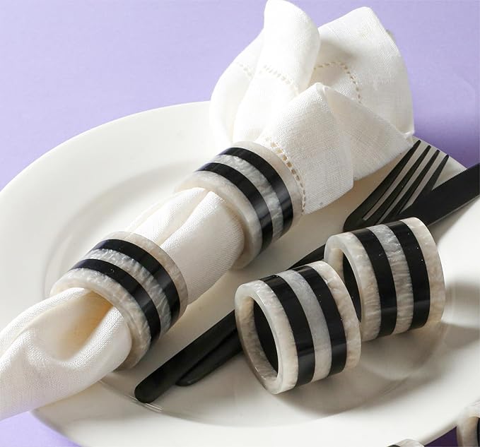 ALPHA Living HOME Napkin Rings Set of 12, Resin Round Napkin Holders for Cloth Napkins, Elegant Serviette Rings for Dinner Parties, Weddings, Holiday Décor, Modern Dining Accessories (Black White)