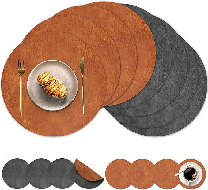 Round Placemats and Coasters Set of 8, Washable Reversible Faux Leather Placemats Cowhide Pattern Place Mats Wipeable Non-Slip 15 inch Round Kitchen Dining Table Mats (Gray Brown, 8)