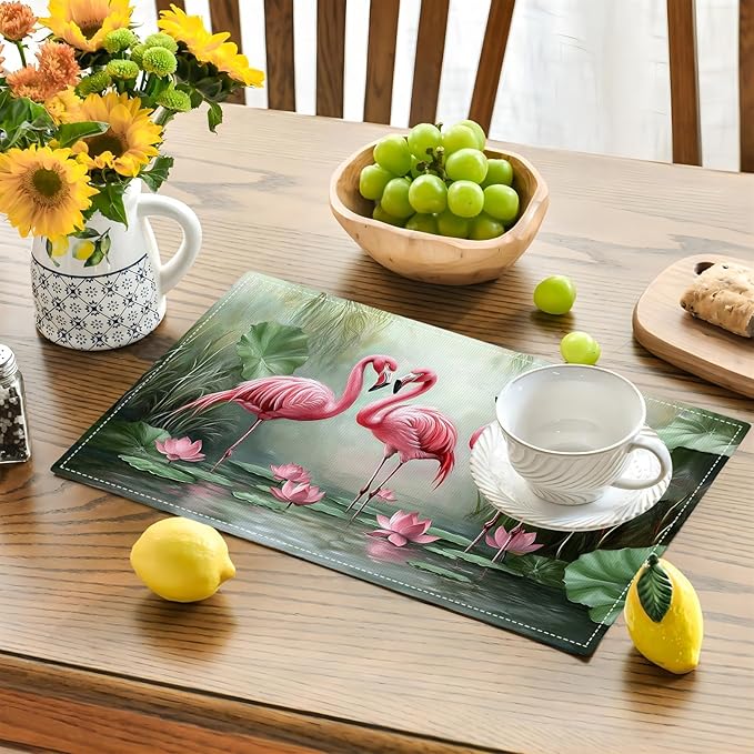 Flamingo Placemats Set of 4, Flamingo Tropical Flowers Place Mats, Wildlife Waterproof Washable Table Mats for Home Party Indoor Kitchen Dining Table Decoration 12x18 Inch
