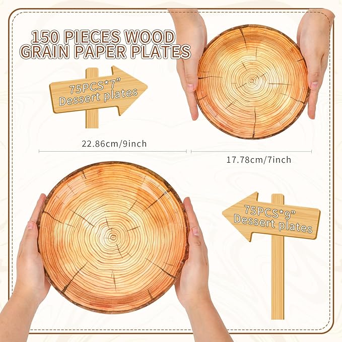 Tioncy 150 Pieces Wood Grain Paper Plates 7" 9" Rustic Wood Slice Plate Farmhouse Round Disposable Dinner Dish for Woodland Baby Shower Lumberjack Birthday Party Supplies