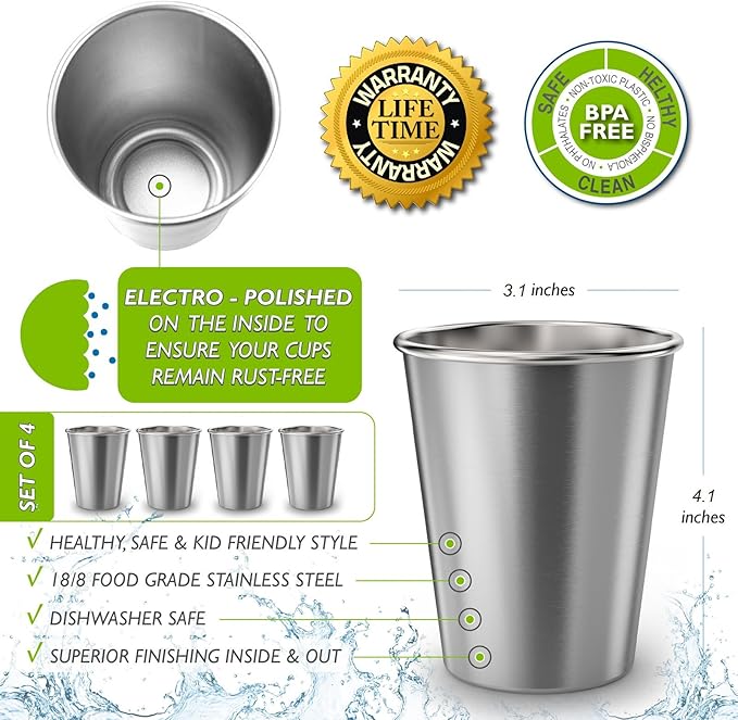 CHILLOUT LIFE Stainless Steel Cups for Kids and Adult 12 oz – Metal Kids Cups stackable for Home & Outdoor Activities, BPA Free Healthy Unbreakable Premium Metal Drinking Pint Glasses (4-Pack)