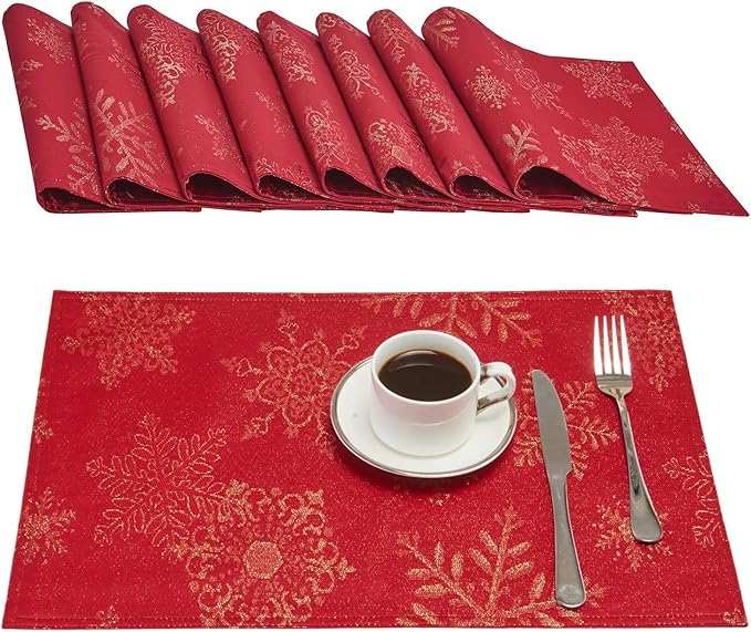 Cloth Place Mats Set of 8–Reusable Rectangular Waterproof Fabric Polyester Washable Wipeable Heat Resistant Jacquard Sparkling Metallic Snowflake for Kitchen Table(Red Gold/13x19 Inch)