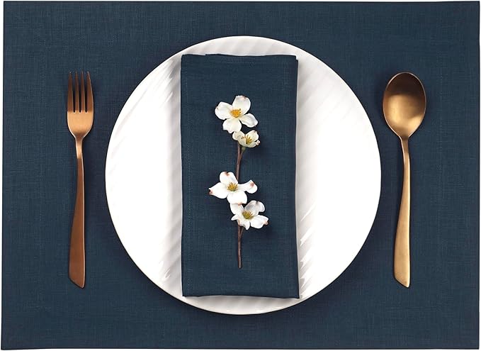 D'Moksha Homes Linen Navy Blue Placemats Set of 4-100% Pure Linen Placemats 14 x 19 Inch for Easter - Handcrafted and Machine Washable