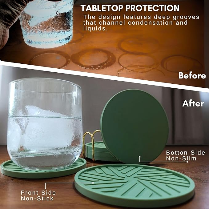Silicone Coasters Set of 6 with Holder - Unique and Modern Pattern for Prevent Sticking from Cups Coffee Table, Home, Office, bar Decor, Sage Green