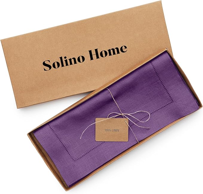 Solino Home Linen Purple Table Runner 48 Inches - Classic Hemstitch, 100% Pure Linen Coffee Table Runner 14 x 48 Inch Ideal for Dresser Tables - Winter, Spring, Easter, Valentines