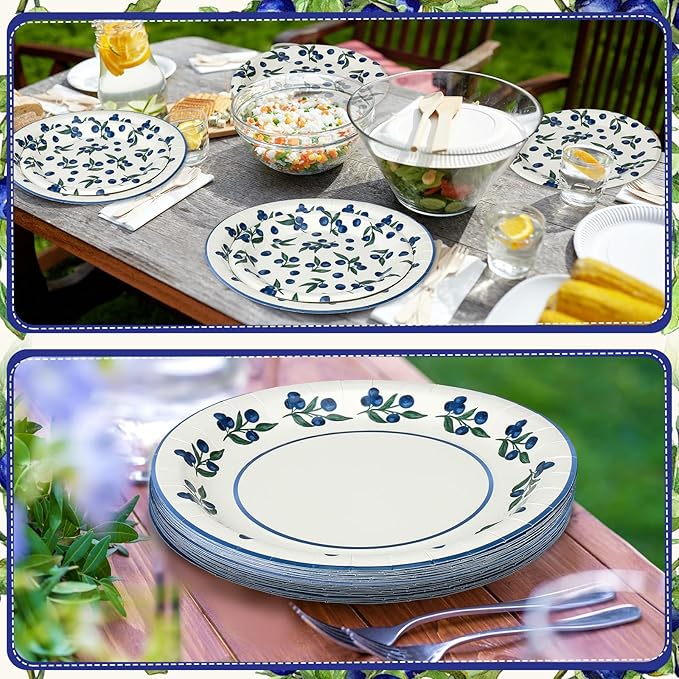 48 Pcs Blueberry Harvest Plates Set Include 9 Inch and 7 Inch Spring Watercolor Disposable Plates Summer Decorative Dinner Birthday Party Tableware for Baby Shower Party Supplies