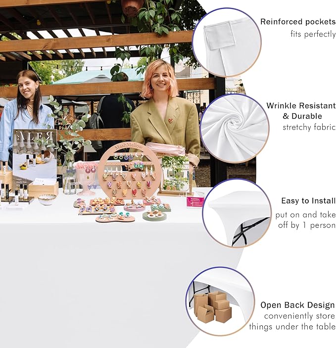 Nasitos 2 Pack White 6 ft Table Cloth Fitted-Open Back Spandex Table Covers Fabric Washable and Wrinkle Resistant Stretch Tablecloth for Parties, Wedding, Banquet, Jewelry Trade Show, Craft Fair