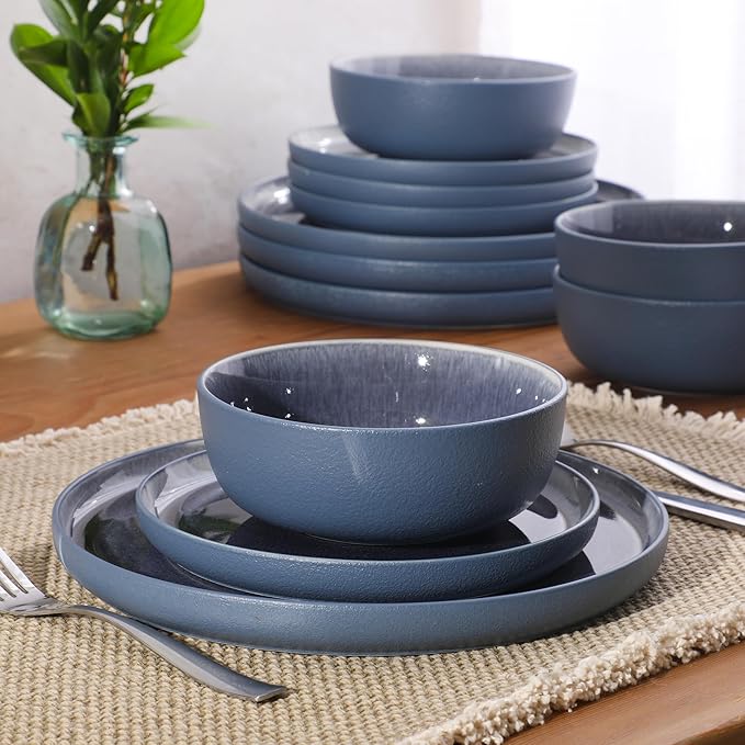 Gibson Elite Tahoe Sunset 12-Piece Reactive Stoneware Dinnerware Set – Matte Exterior & Shiny Interior Plates and Bowls, Durable Everyday Dish Set, Microwave & Dishwasher Safe - Blue