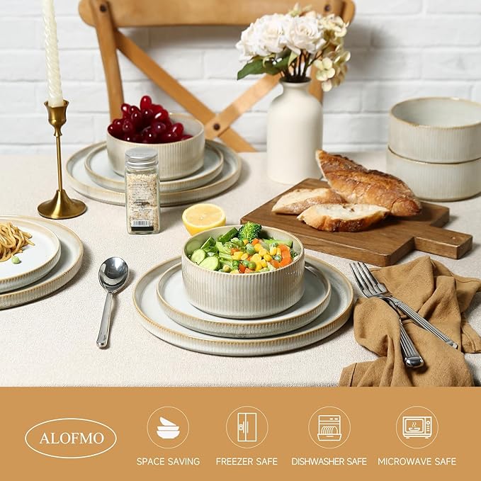 Stoneware Dinnerware Sets for 4, Stoneware Plates and Bowls Set, 12-Piece Ribbed Dishes – Chip & Scratch Resistant, Microwave and Dishwasher Safe Tableware, Reactive White