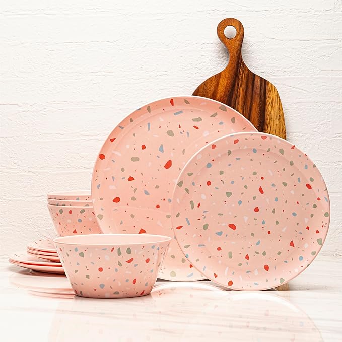 Bzyoo 12-Piece Melamine Dinnerware Set - Confetti Pink Plates and Bowl Lightweight BPA-Free Dishwasher Safe Dish Set for Indoor & Outdoor Use - Perfect for Camping, BBQs, Kids Parties