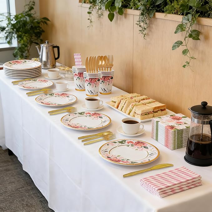 280PCS Floral Paper Plates and Napkins Party Supplies for 35 Guests Disposable Tableware with Plates Napkins Cups Cutlery Straws for Bridal Shower Birthday Party