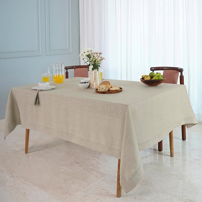 D'Moksha Homes Linen Natural Tablecloth 60 x 90 Inch - 100% Pure Linen Rectangular Tablecloth - Machine Washable Table Cloth for Valentines, Spring, Easter