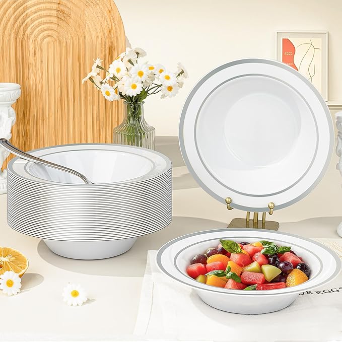 BESTVIP 100 Pack 12 oz Plastic Disposable Soup Bowls, White Dessert Bowls with Silver Rim, Heavy-duty Salad Bowl for Party, Wedding, Christmas, Dinner, Catering