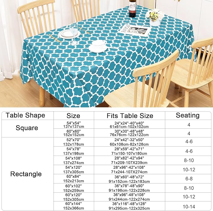 Smiry Rectangle Table Cloth, Waterproof Vinyl Tablecloth with Flannel Backing for Rectangle Tables, Wipeable Spillproof Plastic Tablecloths for Dining, Camping, Indoor and Outdoor (54"x120", Teal)