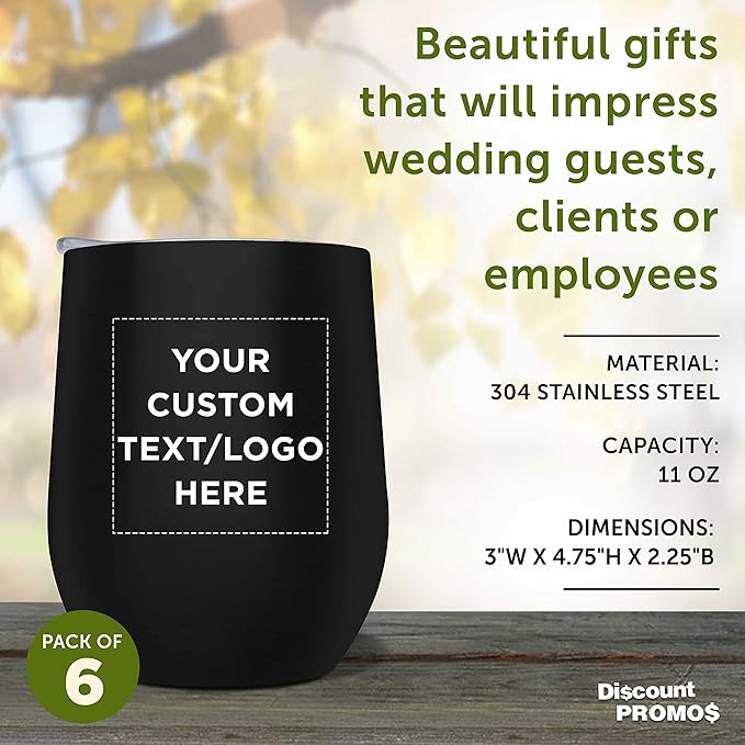Custom Stemless Wine Glass Tumblers with Lids by Largo 11 oz. Set of 6, Personalized Bulk Pack - Perfect for Wine, Cocktails, Other Hot & Cold Beverages - Black