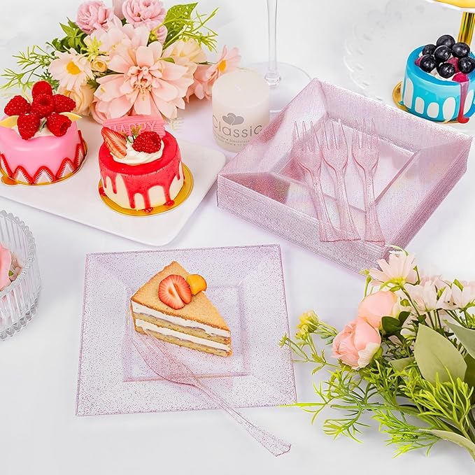 DaYammi 200 Pcs Pink Dessert Plates Including 100Pcs Appetizer plates 6'',100Pcs Plastic Forks 5.7'',Rose Glitter Plastic Square Plate for Wedding,Pink Cake plates and forks for Valentine's Day Party