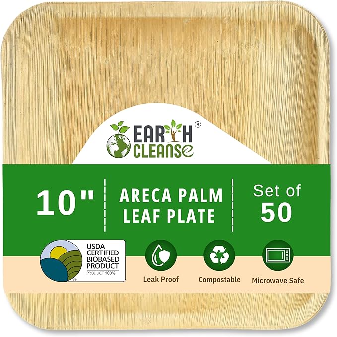 Compostable Palm Leaf Plates 10" Square (50 Pack) | Disposable Biodegradable Plates Like Bamboo & Wooden | Microwave & Oven Safe | Eco-Friendly