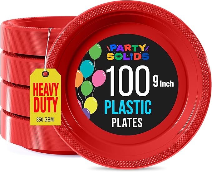 Red Plastic Plates For Party 9" Red Disposable Plates Heavy Duty 100 Pcs Plastic Dinnerware Sets Heavy Duty 350 GSM Disposable Dinnerware Set