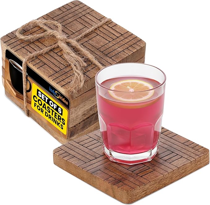 Set of 6 Wood Coasters - Natural Mango Wooden Coasters for Drinks, Beverages, Wine Glasses & Bar Glasses - Rustic & Durable Drink Coasters - Coaster Set for Home, Kitchen, Dining, Bar Decor