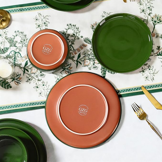 GZG Modern Art Series - 18 Pcs Speckled Stoneware Plates and Bowls Sets, Ceramic Dinnerware Set with Rustic Terracotta Underside, Microwave and Dishwasher Safe Handcrafted Dishes Set - Verdant Green