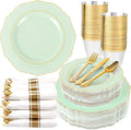 Liacere 350PCS Light Green Plates - Disposable Green and Gold Plastic Plates 50guest Baroque Dinnerware include 100Plates,50Pack Pre Rolled Napkins with Silverware 50Cups for Wedding ＆ Easter Day