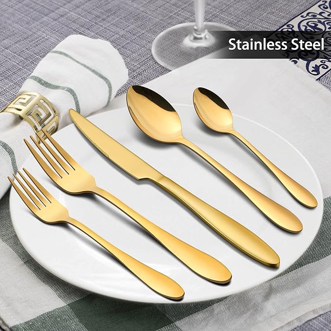 LIANYU 40-Piece Gold Silverware Set for 8, Stainless Steel Flatware Cutlery Set, Tableware Eating Utensils Include Forks Knives Spoons, Mirror Polished, Dishwasher Safe