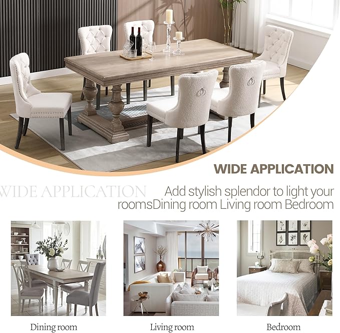 KCC Boucle Dining Chairs Set of 2, Upholstered High-end Tufted Dining Room Chair with Nailhead Back Ring Pull Trim Solid Wood Legs, Contemporary Nikki Collection Modern Style for Kitchen, Cream