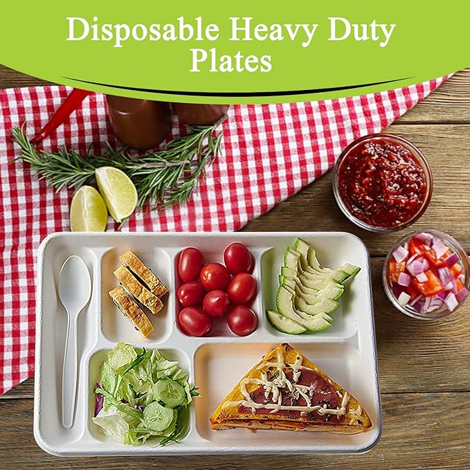 three leaf 6 COMPARTMENT BAGASSE TRAY 400 Ct. Heavy-Duty- Super Strong- Natural- Eco-Friendly Disposable Bagasse Plates, 100% Biodegradable 6 Compartment meal Plates