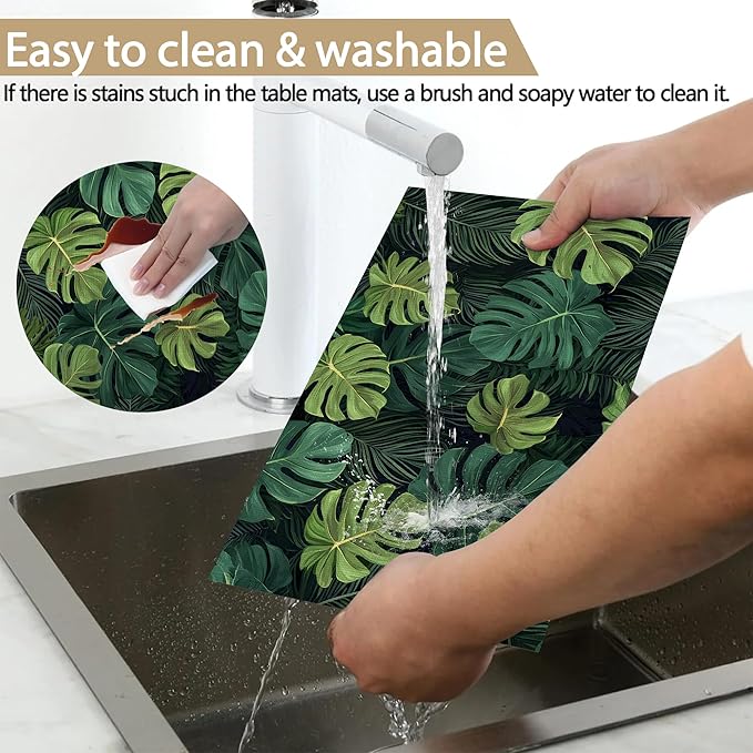 Tropical Leaves Placemats Set of 6, Linen Washable for Christmas, Thanksgiving, Party, and Daily Dining, Decorative Table Mats for 4-6 Person Table