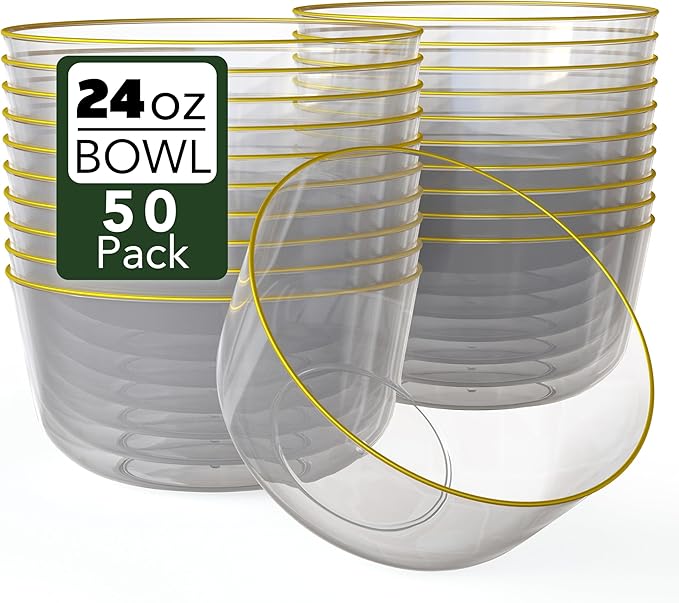 Trendables Plastic Bowls Disposable Bowls: Gold Rimmed, Salad & Serving, Ice Cream & Candy Bowls (24 Oz) - Set of 50