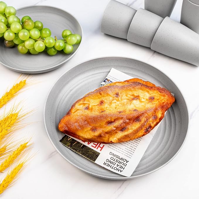 Supernal 32pcs Wheat Straw Dinnerware Sets, Plates and Bowls Sets,Reusable Plastic Plates,Grey Dish Set for 8 include 16pcs Dishes, 8pcs Bowls, 8pcs Cups,Dishwasher Safe.
