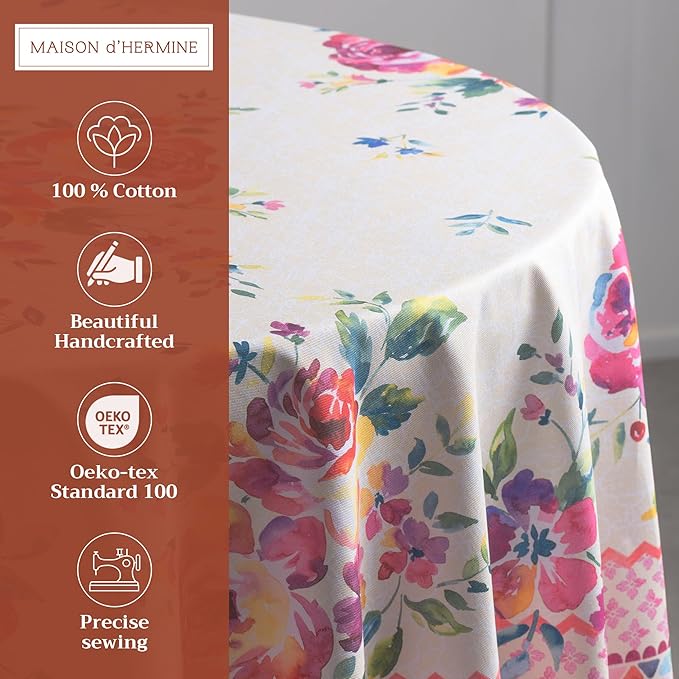 Maison d' Hermine Table Cloth Round Table 100% Cotton 63 Round Inches Tablecloth Reusable Decorative for Dining Room Farmhouse Home Valentines Day Decorations Spring Summer - Rose Garden