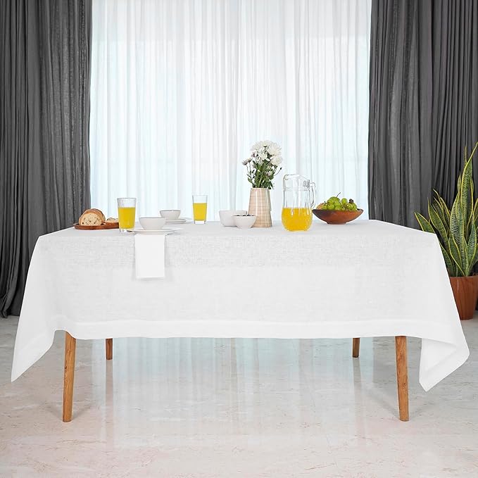 D'Moksha Homes Linen White Tablecloth 60 x 90 Inch - 100% Pure Linen Rectangular Tablecloth - Machine Washable Table Cloth for Valentines, Spring, Easter